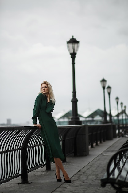 Free photo lady in green dress poses on the embankment in a foggy day