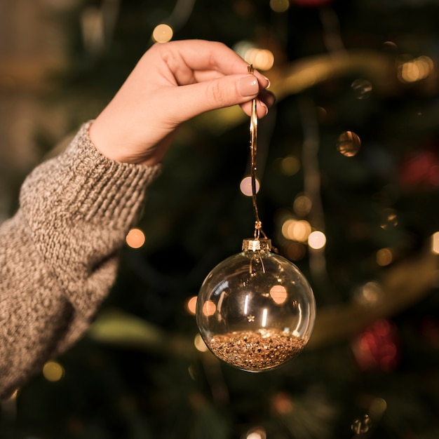 Lady holding ornament transparent Christmas ball