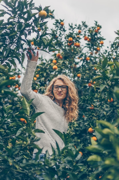 lady standing and holding branch of tree in nature in gray sweater during daytime 