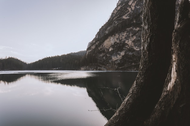 Free photo lake beside cliff at daytime