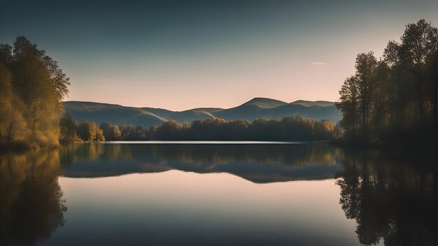 Lake in the mountains at sunrise 3d rendering Computer digital drawing