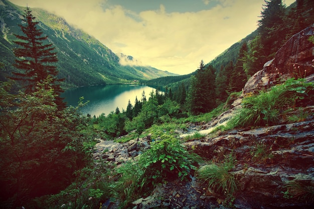 Lake in mountains.