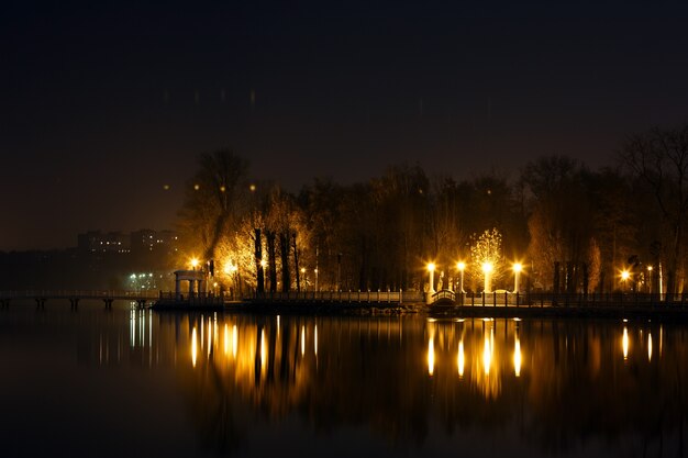 Lake at night with a house and lights