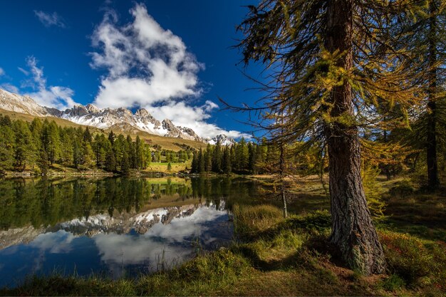 Lake surrounded by rocks covered in the snow and the forest with trees reflecting on the water