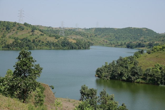 Lake with hills on both sides