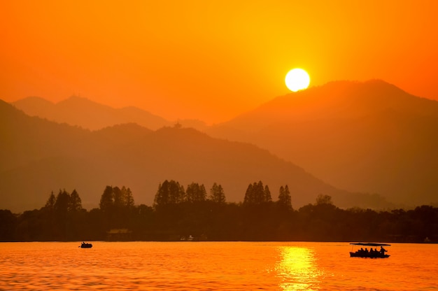 Lake with mountains background