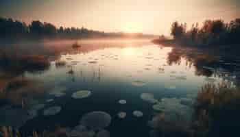 Free photo a lake with a sunset in the background