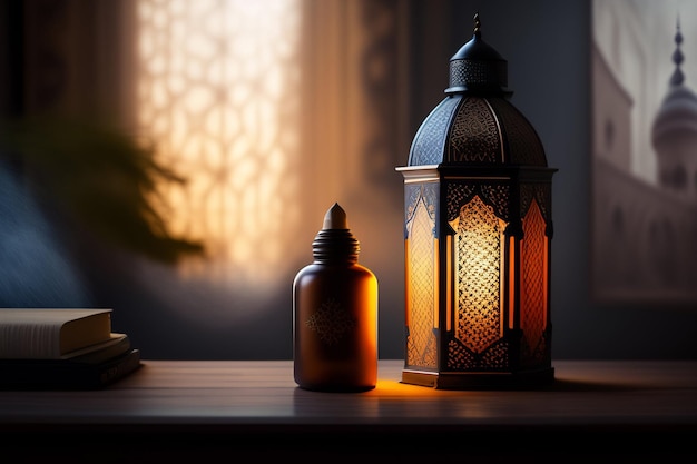 A lamp and a book on a table