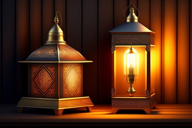 A lamp and a lamp on a wooden table.