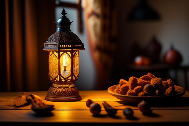 A lamp with a plate of food on it