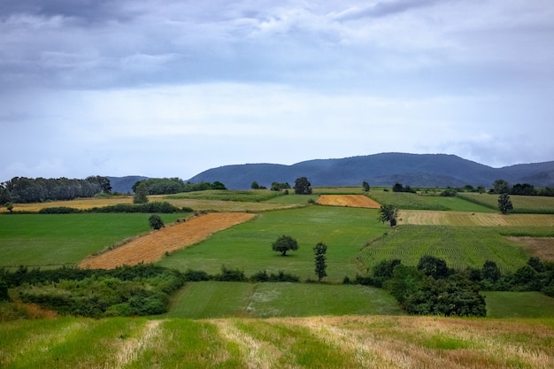 Free Photo landscape of fields in a village surrounded by hills covered in forests under a cloudy sky