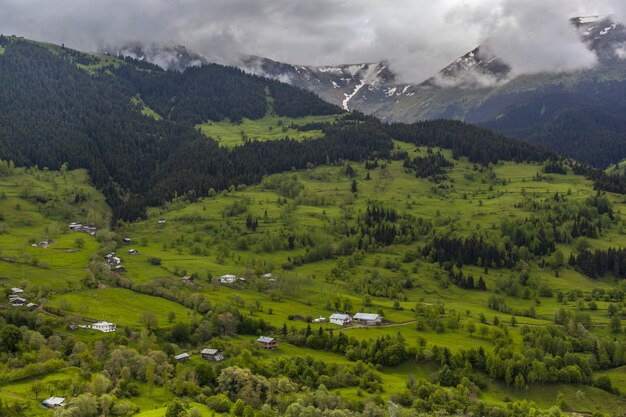 Landscape of hills covered in forests and fog under the cloudy sky