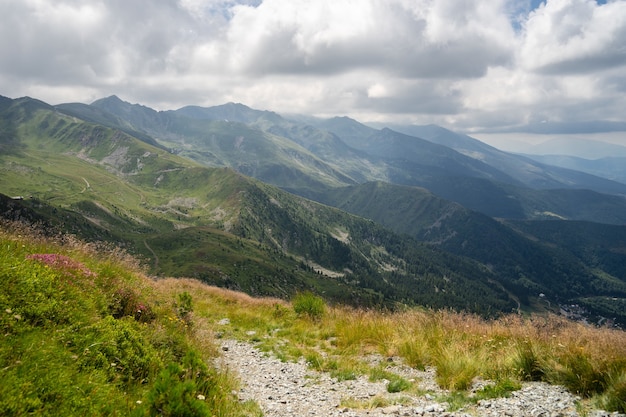 Free photo landscape of hills covered in greenery with rocky mountains under a cloudy sky on the background