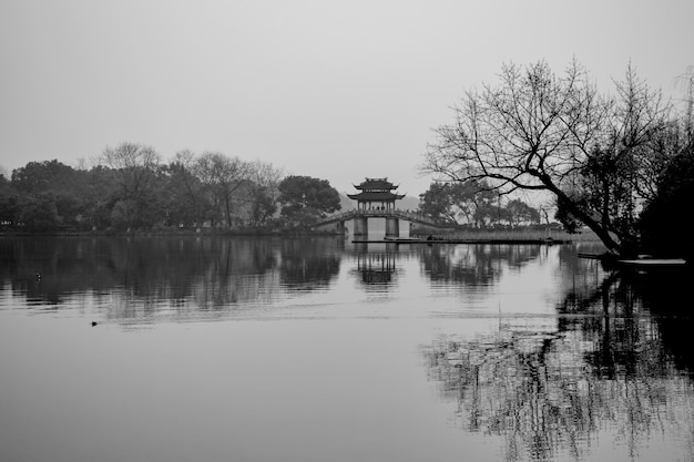 Landscape of a lake in black and white