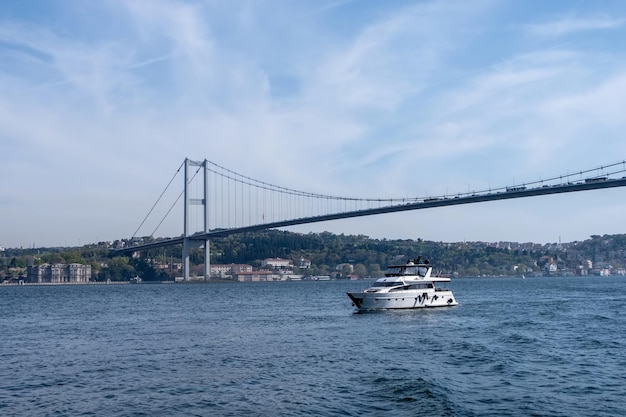 Landscape of the one side of the Bosphorus and a boat passing by