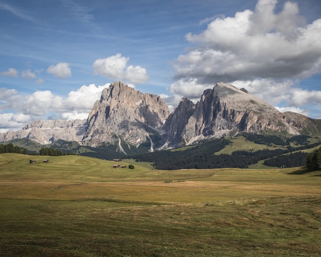 Free photo landscape photo of plattkofel mountain and wide pasture in compatsch italy