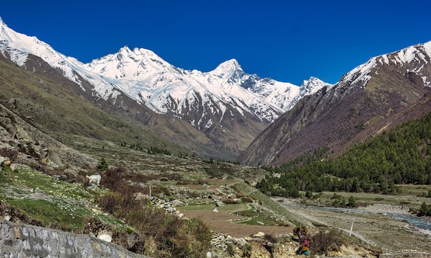 Landscape of snow-covered Himalayan mountains near the village of Chitkul in Kinnaur, India