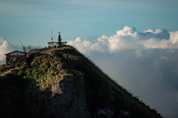 Landscape. Temple in the clouds on the top of Batur volcano. Bali Indonesia