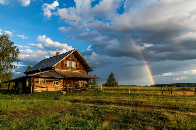 Free Photo landscape with colorful rainbow appearing on the sky