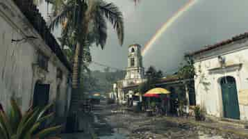 Free photo landscape with colorful rainbow appearing on the sky