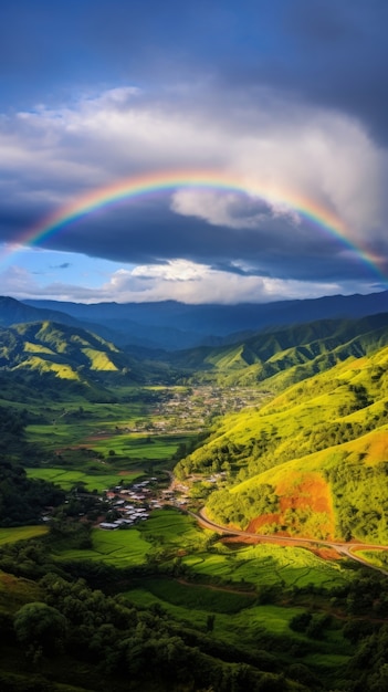 Landscape with colorful rainbow appearing on the sky