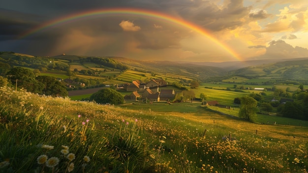 Free photo landscape with colorful rainbow appearing on the sky