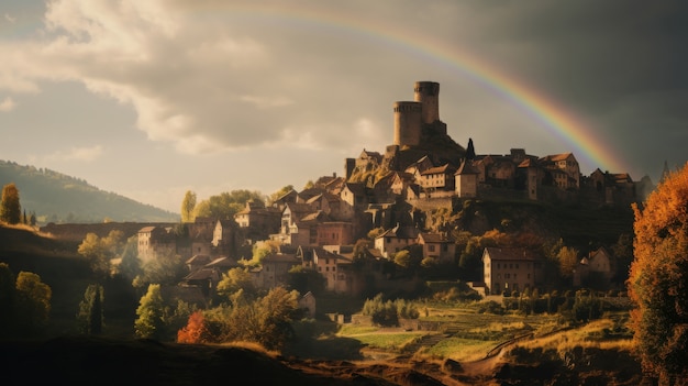 Free Photo landscape with colorful rainbow appearing on the sky