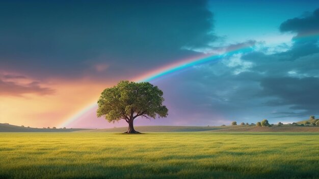 Landscape with green grass field and lone tree amazing rainbow AI generated image