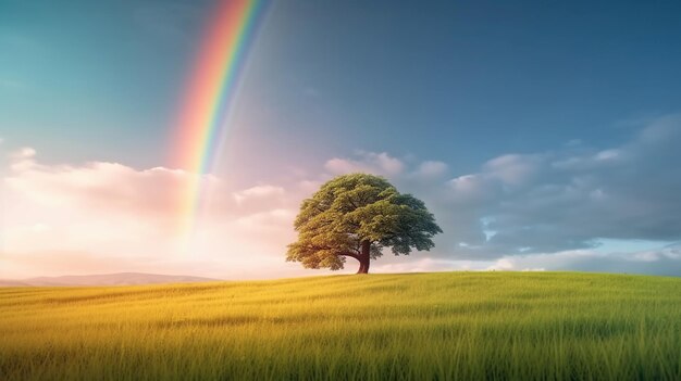 Landscape with green grass field and lone tree amazing rainbow AI generated image