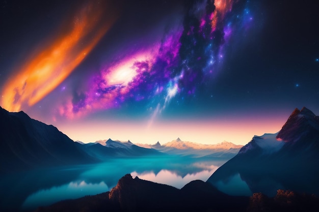 A landscape with mountains and a galaxy in the sky