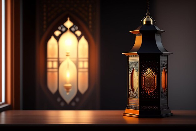 A lantern is lit up in front of a window with the light shining on it.