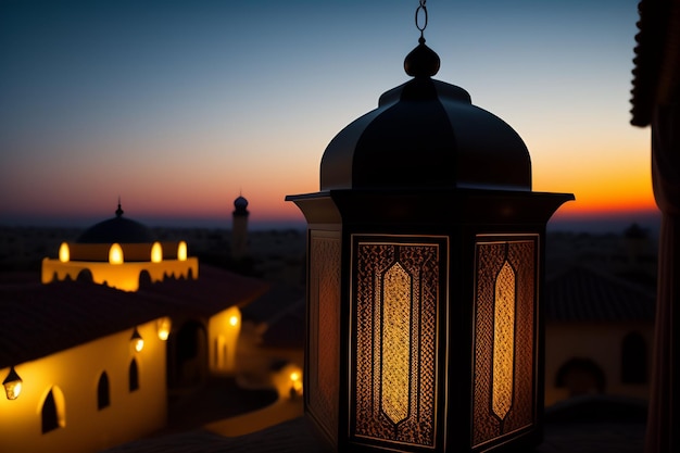 Free photo a lantern is lit up at sunset in the desert