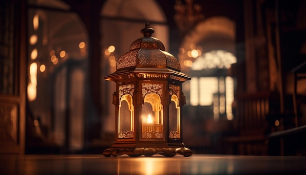 A lantern with the light on in the background