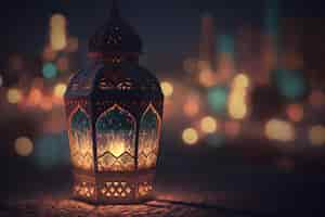 Free photo a lantern with with bokeh background for adha and fitr