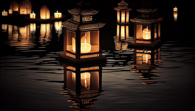 Free Photo lanterns illuminate night reflecting on the water generated by ai