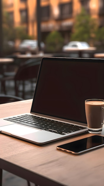 Free photo laptop and coffee cup on wooden table in cafe closeup