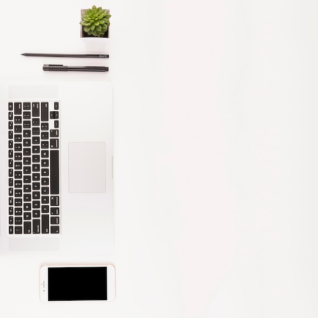 Laptop keypad; cellphone; potted plant; pen and pencil on white backdrop