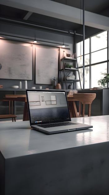 Free photo laptop on table in modern kitchen closeup interior design