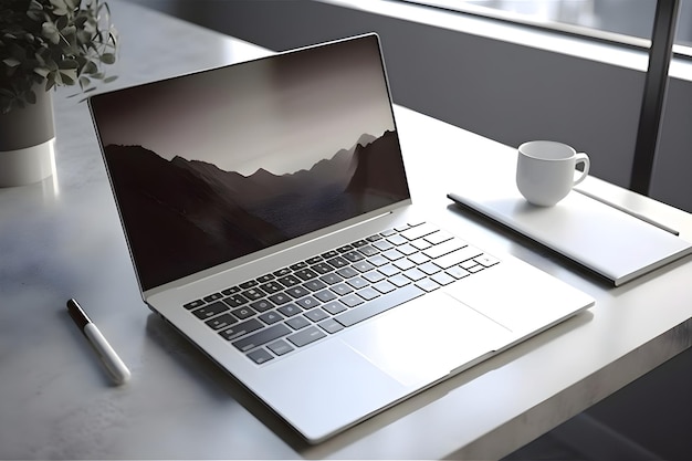 Free Photo laptop with blank screen on table in office 3d render