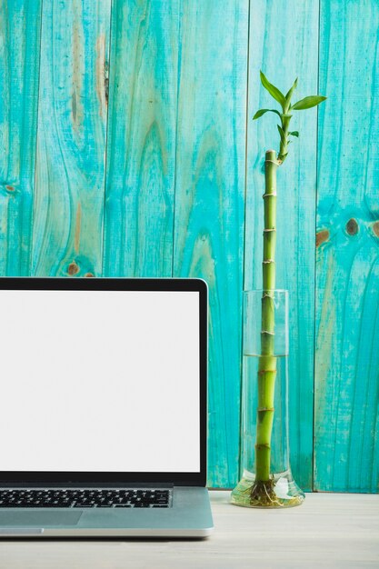 Laptop with blank white screen in front of turquoise colored wooden wall