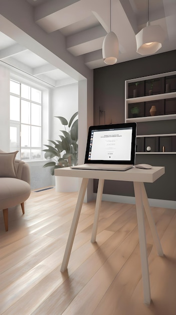 Free photo laptop with web browser on table in modern living room 3d render