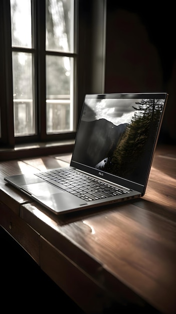 Free photo laptop on a wooden table in a dark room with a window in the background