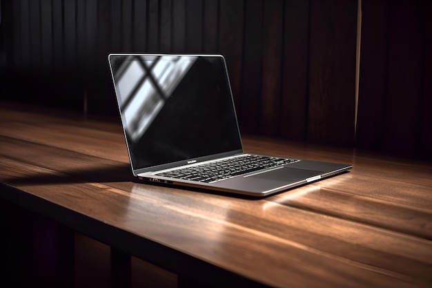 Free photo laptop on a wooden table in a dark room with a window