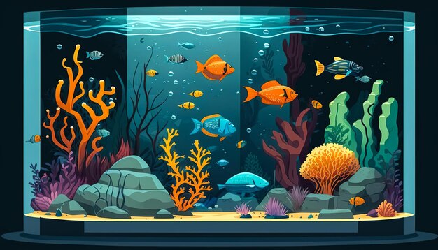 Large glass aquarium with fish generative AI