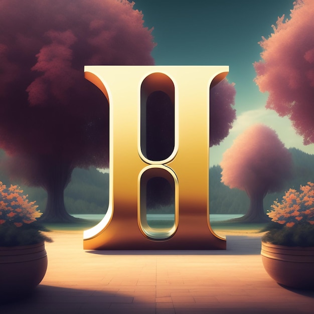 Free Photo a large gold letter h is in a garden with potted plants.