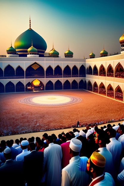 Free photo a large mosque with a green dome on the top.