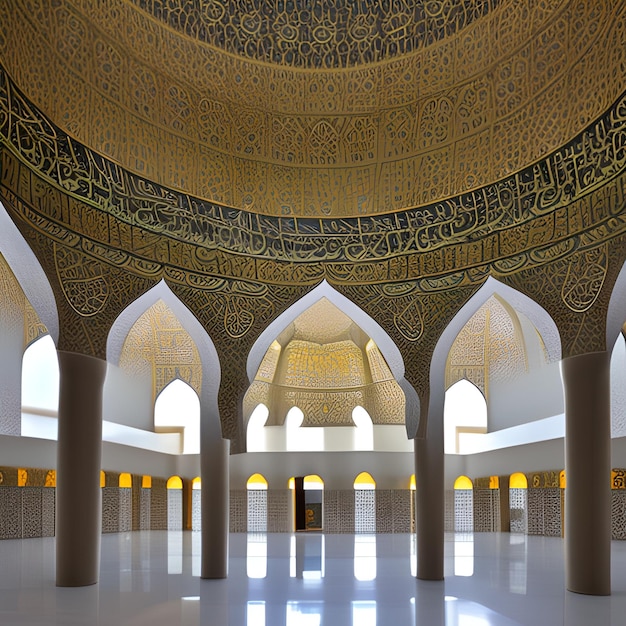 A large room with a large ceiling with gold and green designs.