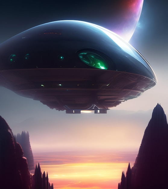 A large spaceship is flying over a mountain.