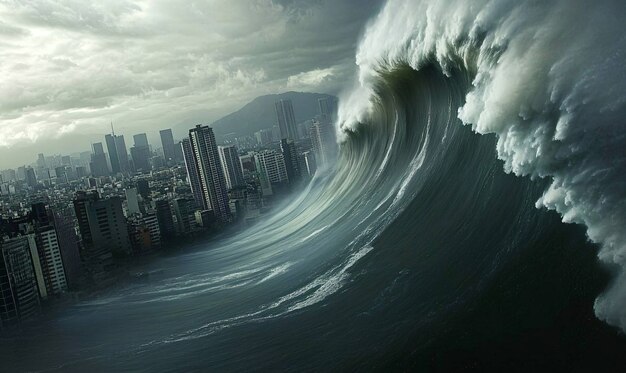 Large tsunami wave crashing into a city