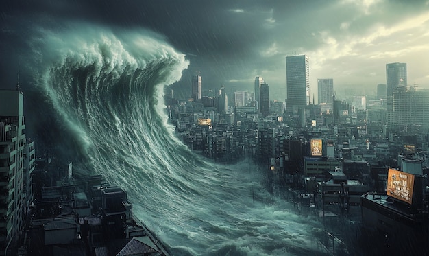 Free photo large tsunami wave crashing into a city